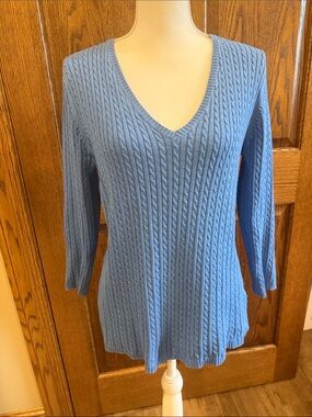 L.L. Bean Blue V-Neck Mini Cable-knit Pullover  Large